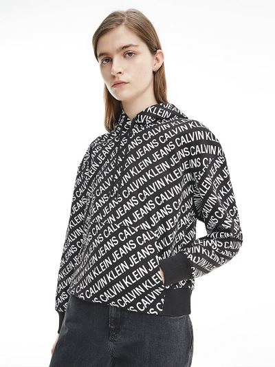 Calvin Klein Ruhák HU192811 | Calvin Klein All-Over Logo Organic Cotton Női Kapucnis Pulóver Fekete